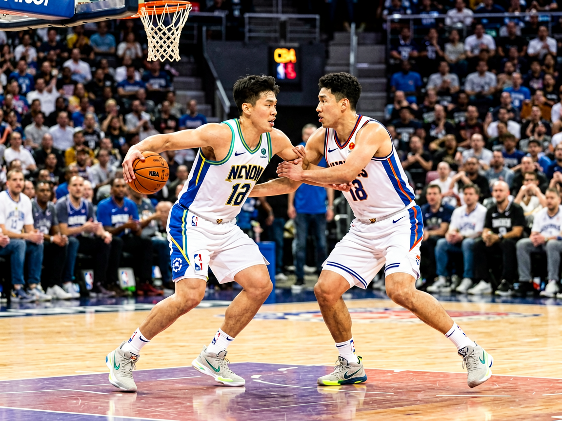 篮球比赛现场，NBA球员在球场上进行激烈对抗