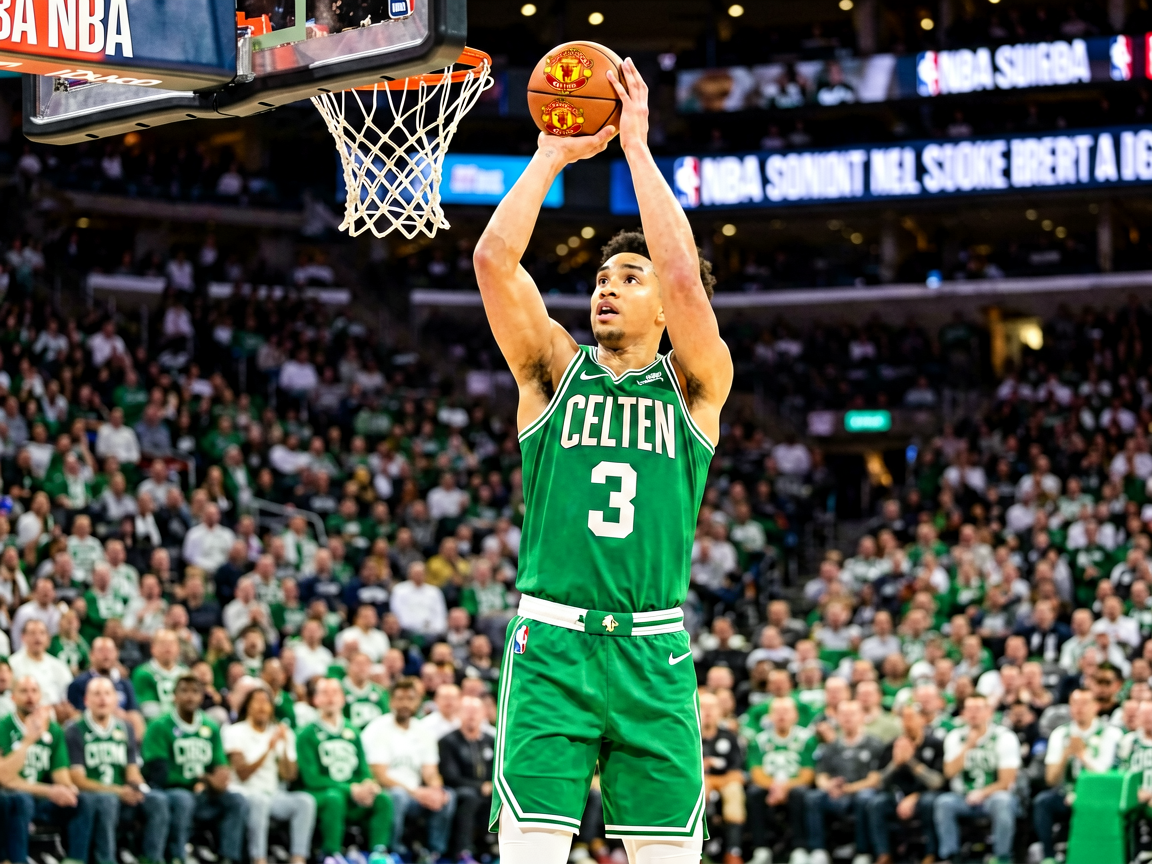 NBA常规赛现场，凯尔特人球员投篮瞬间